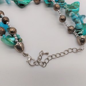 Vintage Teal Dyed Mother of Pearl, Silver, Glass, Crystal Turquoise Beaded Multi Strand Statement Necklace