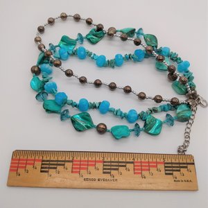 Vintage Teal Dyed Mother of Pearl, Silver, Glass, Crystal Turquoise Beaded Multi Strand Statement Necklace