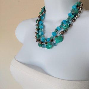 Vintage Teal Dyed Mother of Pearl, Silver, Glass, Crystal Turquoise Beaded Multi Strand Statement Necklace