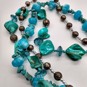 Vintage Teal Dyed Mother of Pearl, Silver, Glass, Crystal Turquoise Beaded Multi Strand Statement Necklace
