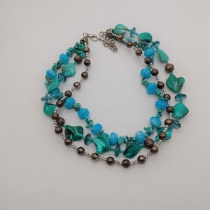 Vintage Teal Dyed Mother of Pearl, Silver, Glass, Crystal Turquoise Beaded Multi Strand Statement Necklace
