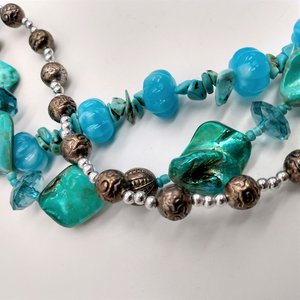 Vintage Teal Dyed Mother of Pearl, Silver, Glass, Crystal Turquoise Beaded Multi Strand Statement Necklace