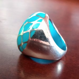 Chunky Vintage Sterling Silver and Turquoise Trellis Criss Cross Dome Ring, Size 7