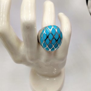 Chunky Vintage Sterling Silver and Turquoise Trellis Criss Cross Dome Ring, Size 7