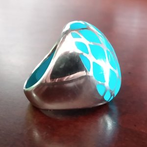 Chunky Vintage Sterling Silver and Turquoise Trellis Criss Cross Dome Ring, Size 7