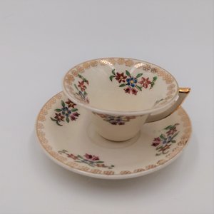 Miniature Teacup Demitasse Cup and Saucer Set, Floral Design Made in Occupied Japan, Vintage