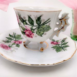 Vintage Porcelain Rosebuds  Three Footed Demitasse Teacup and Saucer Set