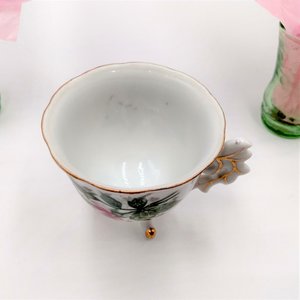 Vintage Porcelain Rosebuds  Three Footed Demitasse Teacup and Saucer Set