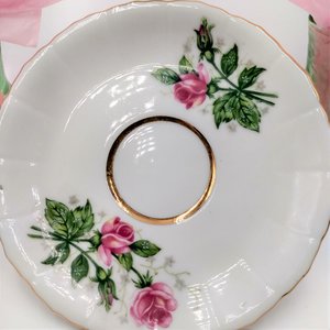 Vintage Porcelain Rosebuds  Three Footed Demitasse Teacup and Saucer Set