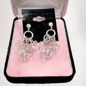 Gorgeous Vintage Silver Tone Aurora Borealis Iridescent Crystals Dangle Cha-Cha Earrings, Super Sparkly!