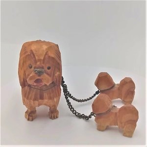 1940's Hand Carved Wooden Chained Sheepdogs Mom and 2 Pups