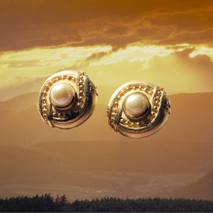 Signed Hobè Gold Tone and Faux Pearl Clip On earrings