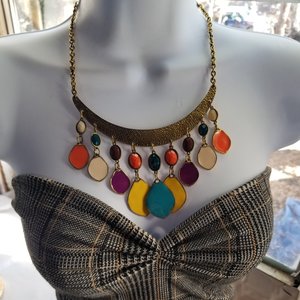 80's Exciting Colorful Brass Tone Fringe Bib Statement Necklace