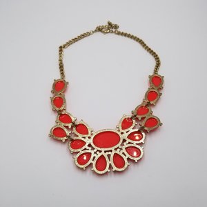 Bold 80's Vintage Gold Tone and Bright Red  Faceted Cabochons and Rhinestone Accents Bib Statement Necklace