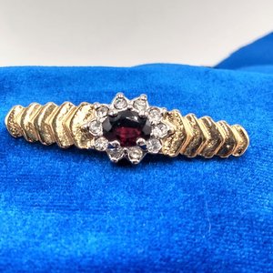 Vintage Gold Plated and Simulated Garnet and Rhinestones Bar Pin Brooch