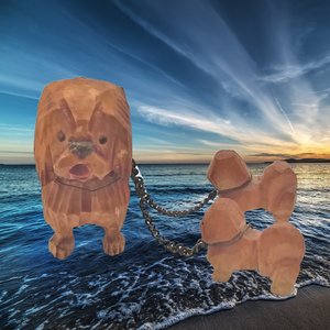 1940's Hand Carved Wooden Chained Sheepdogs Mom and 2 Pups