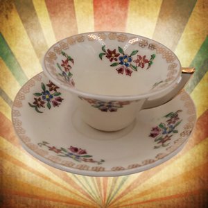 Miniature Teacup Demitasse Cup and Saucer Set, Floral Design Made in Occupied Japan, Vintage