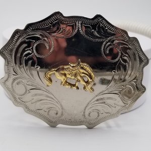 Western Two Toned Vintage Stamped Shiny Nickel Plated and Brass Bronco Horse Rodeo Belt Buckle