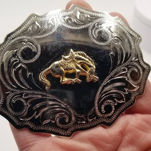 Western Two Toned Vintage Stamped Shiny Nickel Plated and Brass Bronco Horse Rodeo Belt Buckle