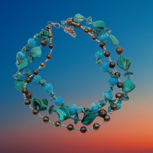 Vintage Teal Dyed Mother of Pearl, Silver, Glass, Crystal Turquoise Beaded Multi Strand Statement Necklace