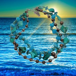 Vintage Teal Dyed Mother of Pearl, Silver, Glass, Crystal Turquoise Beaded Multi Strand Statement Necklace