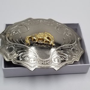 Western Two Toned Vintage Stamped Shiny Nickel Plated and Brass Bronco Horse Rodeo Belt Buckle