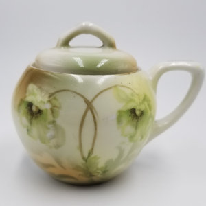 Beautiful Antique R S Germany Green and White Poppies Porcelain Lidded Sugar Bowl