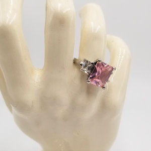 Fun Vintage Silver Tone Large Pink and Clear Princess Cut Cubic Zirconia Fashion Ring Size 5.75