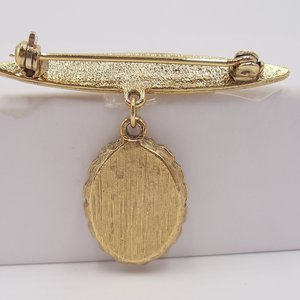 Vintage Victorian Revival Gold Tone Bar Pin with Dangling Portrait of a Rose Brooch