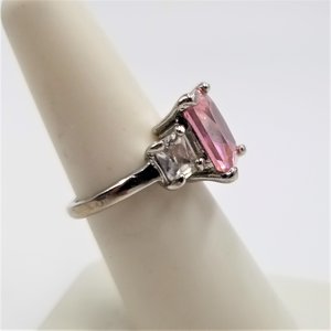 Fun Vintage Silver Tone Large Pink and Clear Princess Cut Cubic Zirconia Fashion Ring Size 5.75