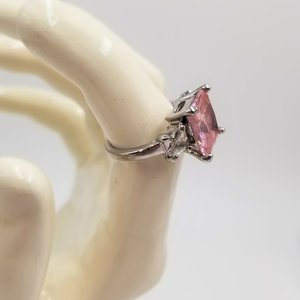 Fun Vintage Silver Tone Large Pink and Clear Princess Cut Cubic Zirconia Fashion Ring Size 5.75