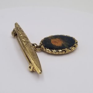 Vintage Victorian Revival Gold Tone Bar Pin with Dangling Portrait of a Rose Brooch