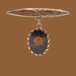 Vintage Victorian Revival Gold Tone Bar Pin with Dangling Portrait of a Rose Brooch
