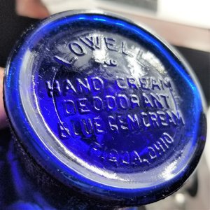 Vintage Cobalt Blue Glass Lowell Hand Cream Deodorant Blue Gem Cream Top Hat Ashtray