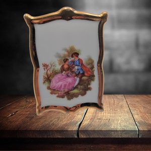 Vintage Limoges Porcelain  Standing Frame Ornament of Courting Couple, with Gold Trim Glazing
