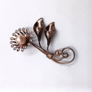 Vintage Retro Copper Tone Floral Brooch and Earrings Jewelry Set