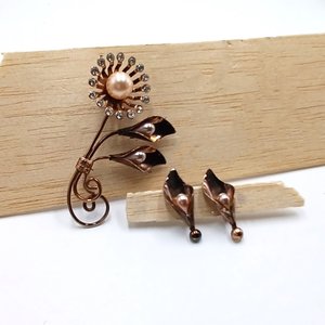 Vintage Retro Copper Tone Floral Brooch and Earrings Jewelry Set