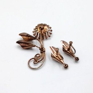 Vintage Retro Copper Tone Floral Brooch and Earrings Jewelry Set