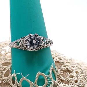 Vintage Sterling Silver LIND Filigree Cubic Zirconia Solitaire Ring Size 8