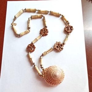 Vintage Signed Miriam Haskell Long Seashell and Bamboo and Wood Statement Necklace