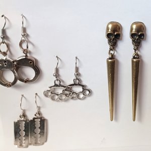 Vintage Punk Rock Earrings Lot, 4 Pairs Silver Tone Pierced Earrings