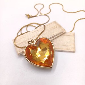 Large Gold Tone Light Orange Faceted Heart Shaped Jewel Pendant with Chain Necklace