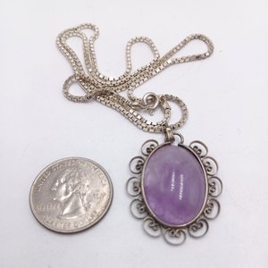 Vintage Sterling Silver and Amethyst Pendant on a Sterling Silver Box Chain Pendant Necklace