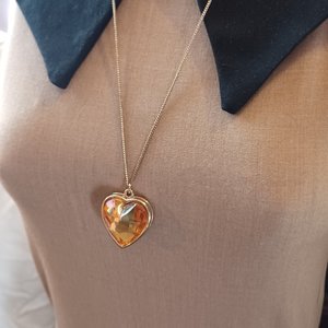 Large Gold Tone Light Orange Faceted Heart Shaped Jewel Pendant with Chain Necklace