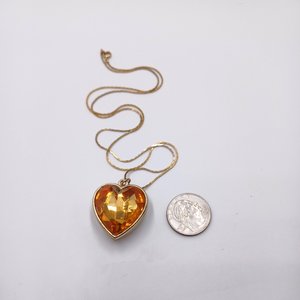 Large Gold Tone Light Orange Faceted Heart Shaped Jewel Pendant with Chain Necklace