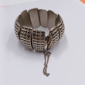 Chunky Silver Tone Panel Bracelet with Safety Chain