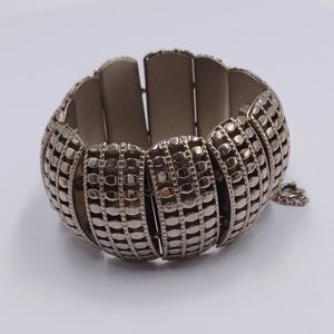 Chunky Silver Tone Panel Bracelet with Safety Chain