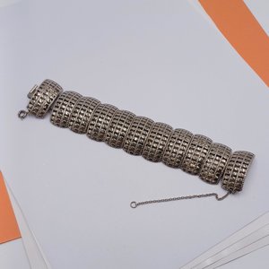 Chunky Silver Tone Panel Bracelet with Safety Chain