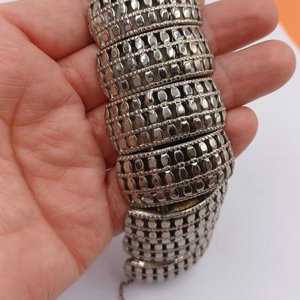 Chunky Silver Tone Panel Bracelet with Safety Chain