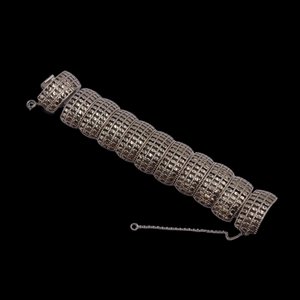 Chunky Silver Tone Panel Bracelet with Safety Chain
